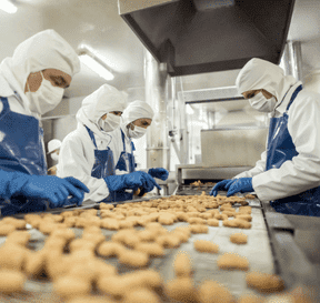 Pracovníci u potravinové linky kontrolují kvalitu zboží