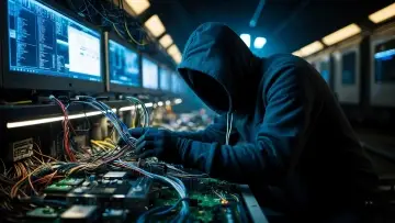 Osoba v kapuci pracuje s počítačovým hardwarem a kabeláží před monitory.